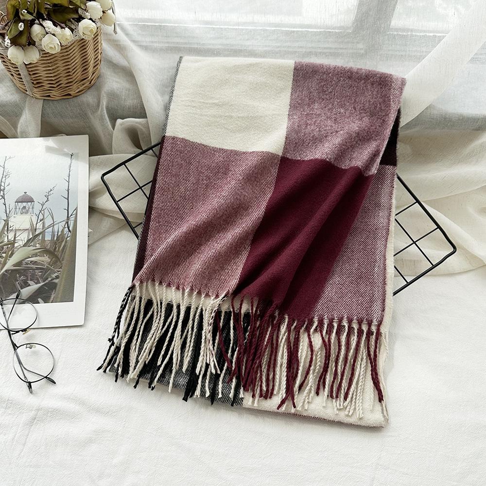 Warm Women's Scarf Winter Imitation Cashmere Color Block Plaid Shawl Long Tassel Fashion Scarf Scarf