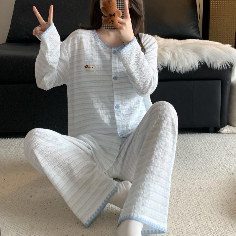 Korean Pink Striped Women's Pajama Set - Spring/Autumn 2026, Sweet Long Sleeve Cardigan Loungewear
