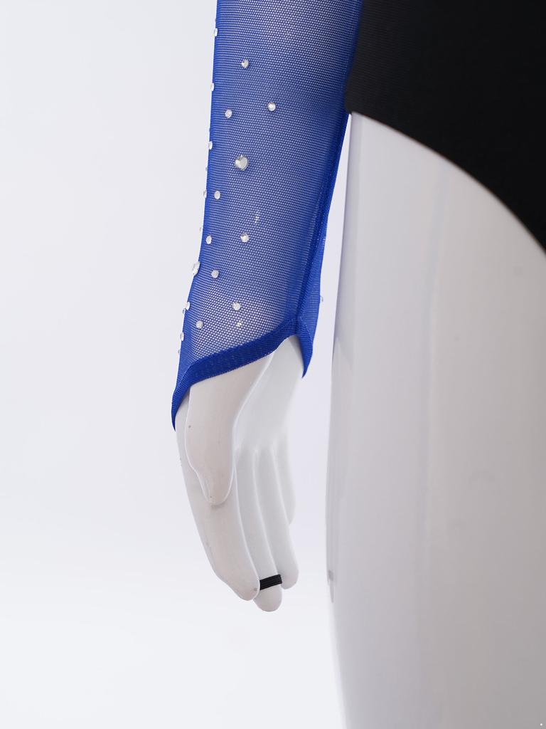 Costum de Gimnastică și Dans pentru Fete cu Mâneci Lungi din Plasă, Decolteu la Spate, Strălucitor cu Strass-uri, Leotard Color-Block