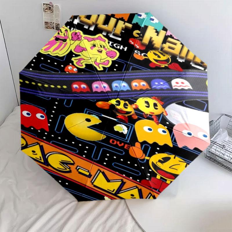 1 PC Automatic Folding Umbrella - Pac-Man Custom Name Pattern, Portable & Foldable Design with 8 Ribs, Christmas Birthday Gifts