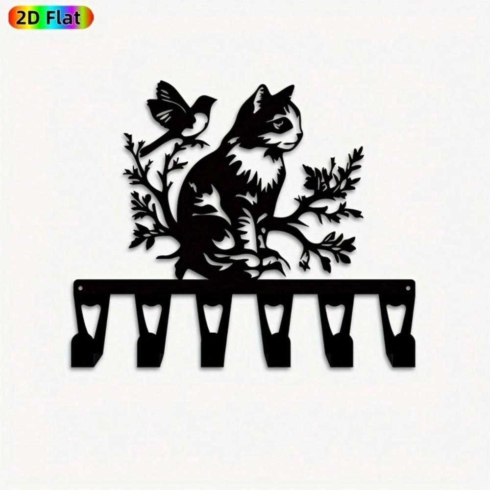 Cat Bird Key Holder Wall Decor 6 Hooks Handmade For Pet Lovers