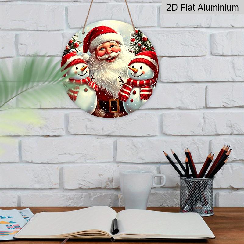 2D Flat 1pc Round Aluminum Hanging Sign, Vintage Santa Claus Two Snowmen Christmas Tree Metal Wall Decor, Xmas Winter Farmhouse Front Door Porch