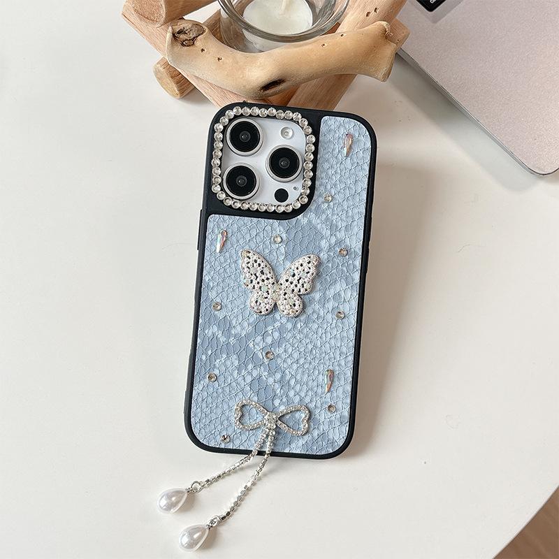 Silberne Perlen Schmetterling Handyhülle für Apple 17 Promax Strass Quaste Perlenanhänger für IPhone 16 Kariertes Leder