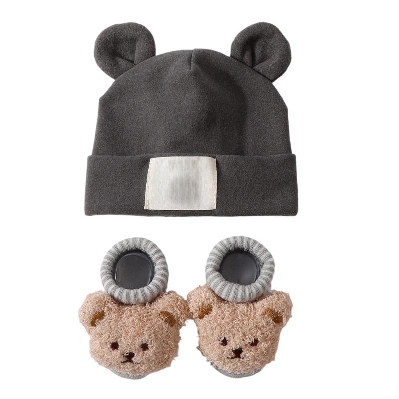 Atmungsaktive Babymütze mit Ohrenmuster und Socken Elastische Baumwoll-Polyester-Mischung Sanft zu empfindlicher Haut Sicherer Sitz für Säuglinge