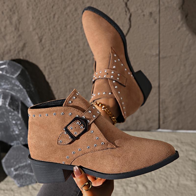 Retro Rivets Pointed Toe Western Boots Women Fashion Buckle Thick Heel Ankle Boots Woman Plus Size Faux Suede Cowboy Botas Mujer