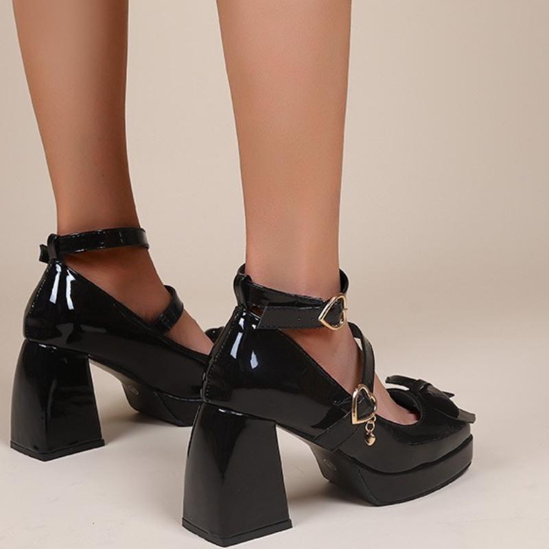 Fashion Women Gothic Lolita Mary Jane Pumps Black Chunky High Heel Platform Shoes Female Punk Heart Buckle Cosplay Shoes