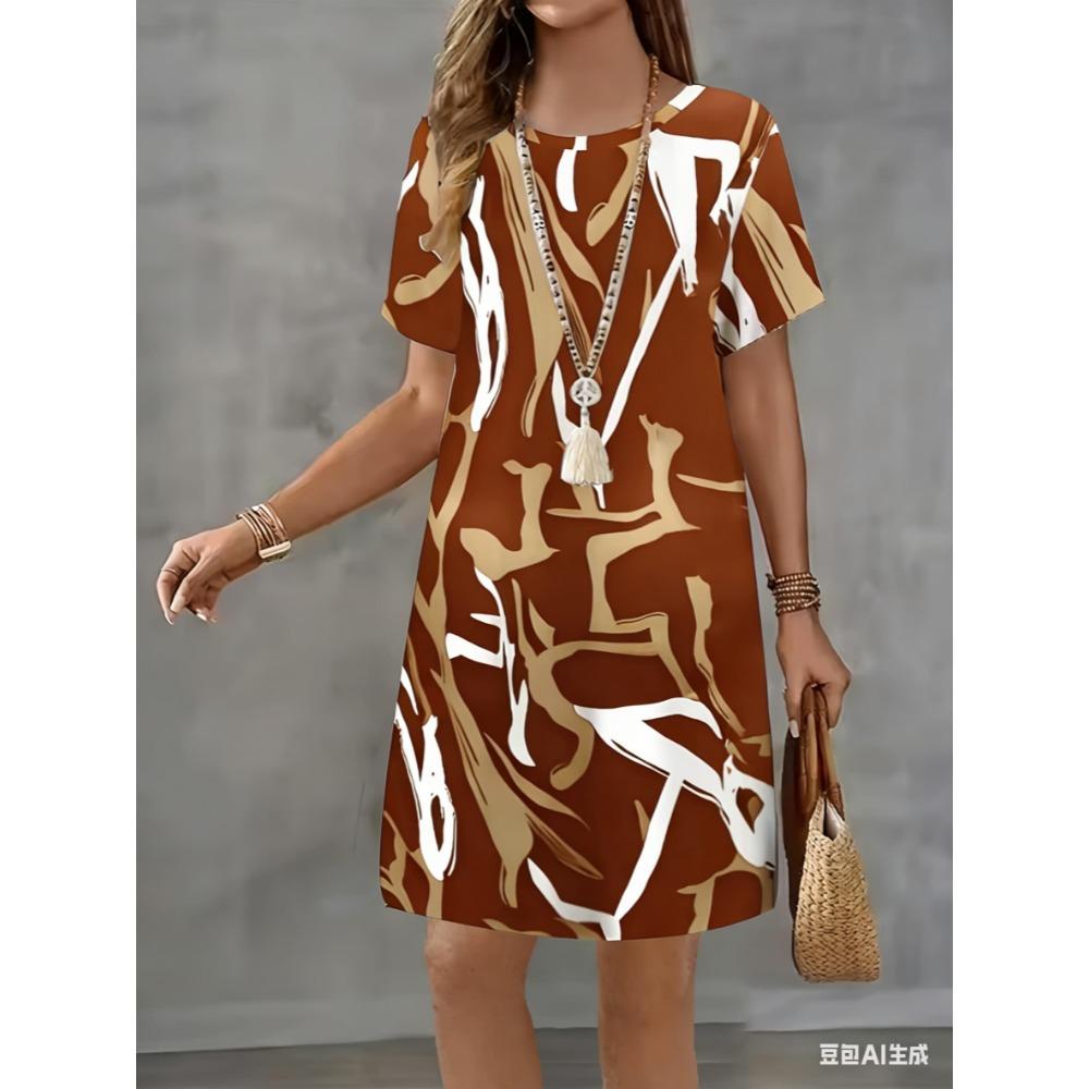 Artistic stripe print dress - Summer women's casual short-sleeved mini skirt