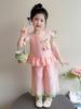 2026 New Girls' Summer Style: Fashionable Solid Color Lace Two-Piece Set with Small Puff Sleeves for Small and Medium Children