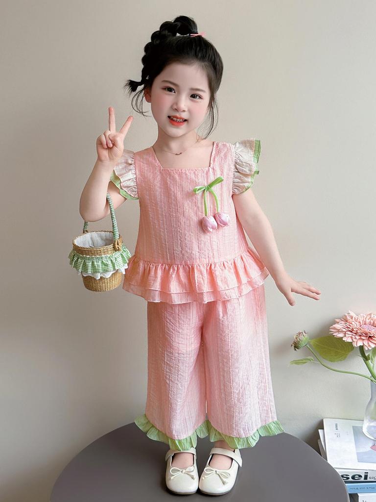 2026 New Girls' Summer Style: Fashionable Solid Color Lace Two-Piece Set with Small Puff Sleeves for Small and Medium Children