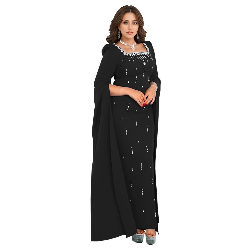 Cross-Border Elegant Women's Dress with Back Slit, Cape Sleeves, and Rhinestone Details