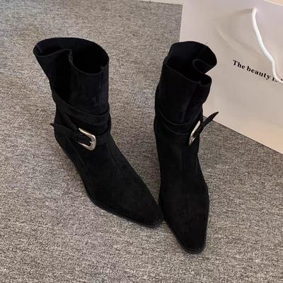 Ankle Boots for Women Suede Pointed Toe Heeled Shoes Chunky New Winter 2025 Elegant High Heels Snow Boots Woman Botas
