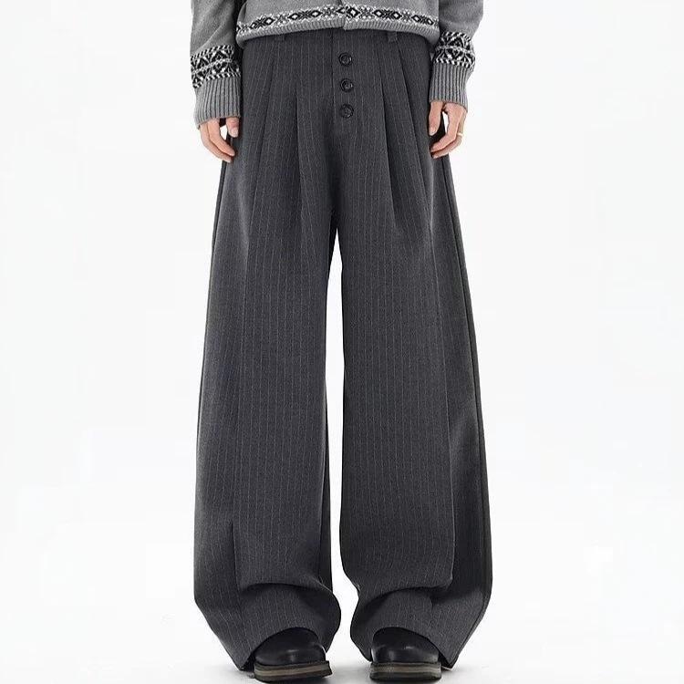 American striped straight pants men's retro long-breasted buckle versatile old money style couple casual pants