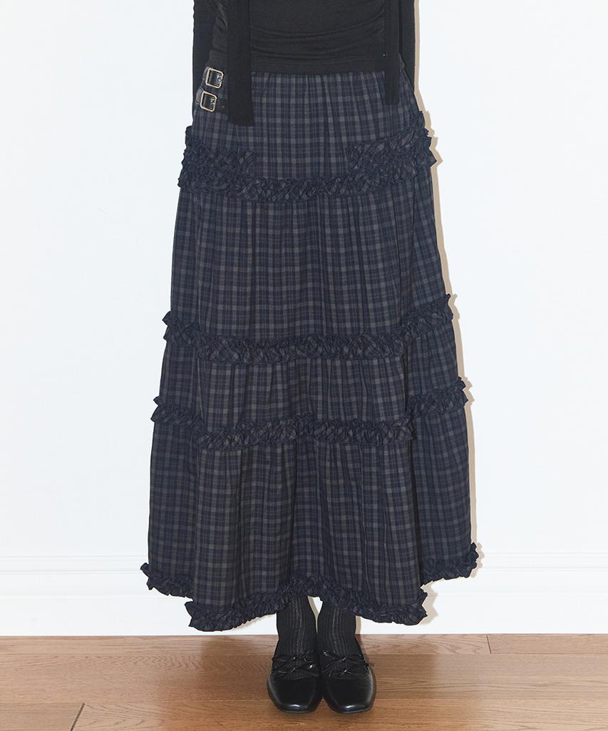 Iligo Buckle Frill Long Skirt Check Navy