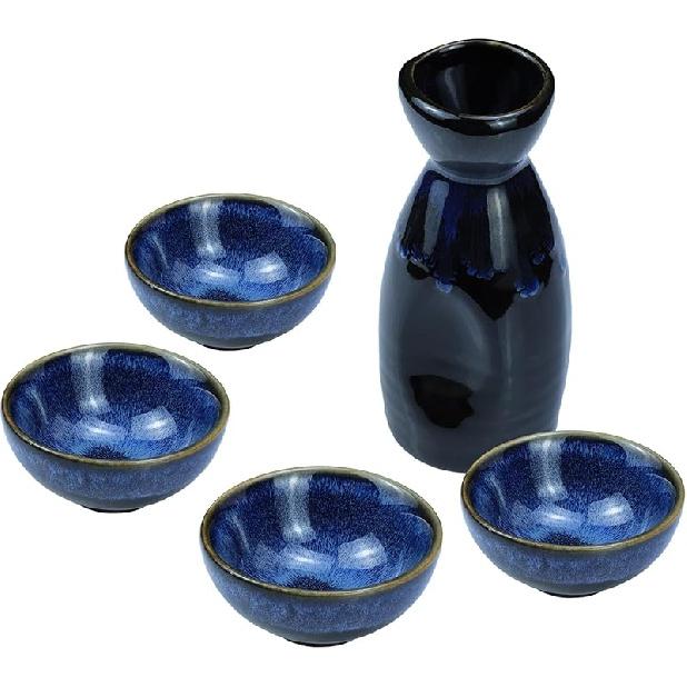 Sizikato 5PCS Stoneware Porcelain Sake Set Include 1PCS Sake Bottle and 4PCS Sake Cups
