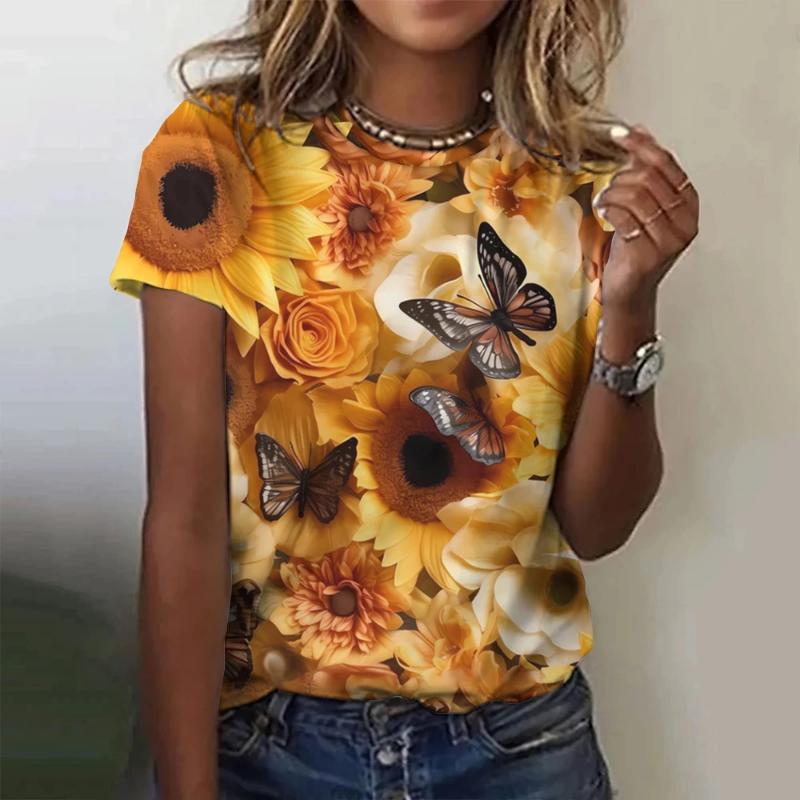 Fashion Women's Crew Neck Short Sleeve 3D Flower Color Print Crew Neck T-shirt