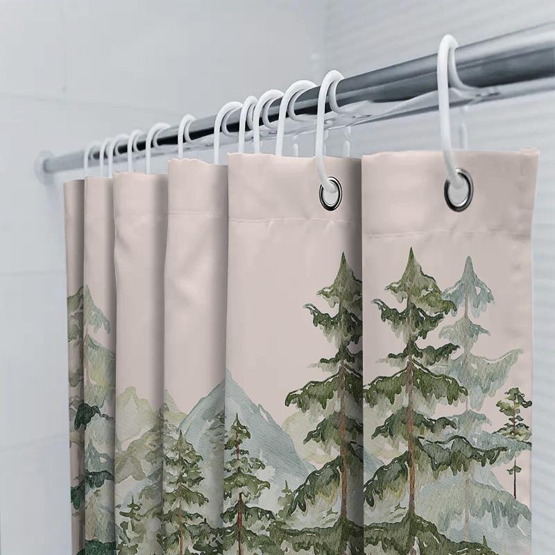 Forest Landscape Shower Curtain Nature Trees Mountain Backdrop Scenic Bathroom Decor Rustic Woodland Shower Curtain Greenery Bac