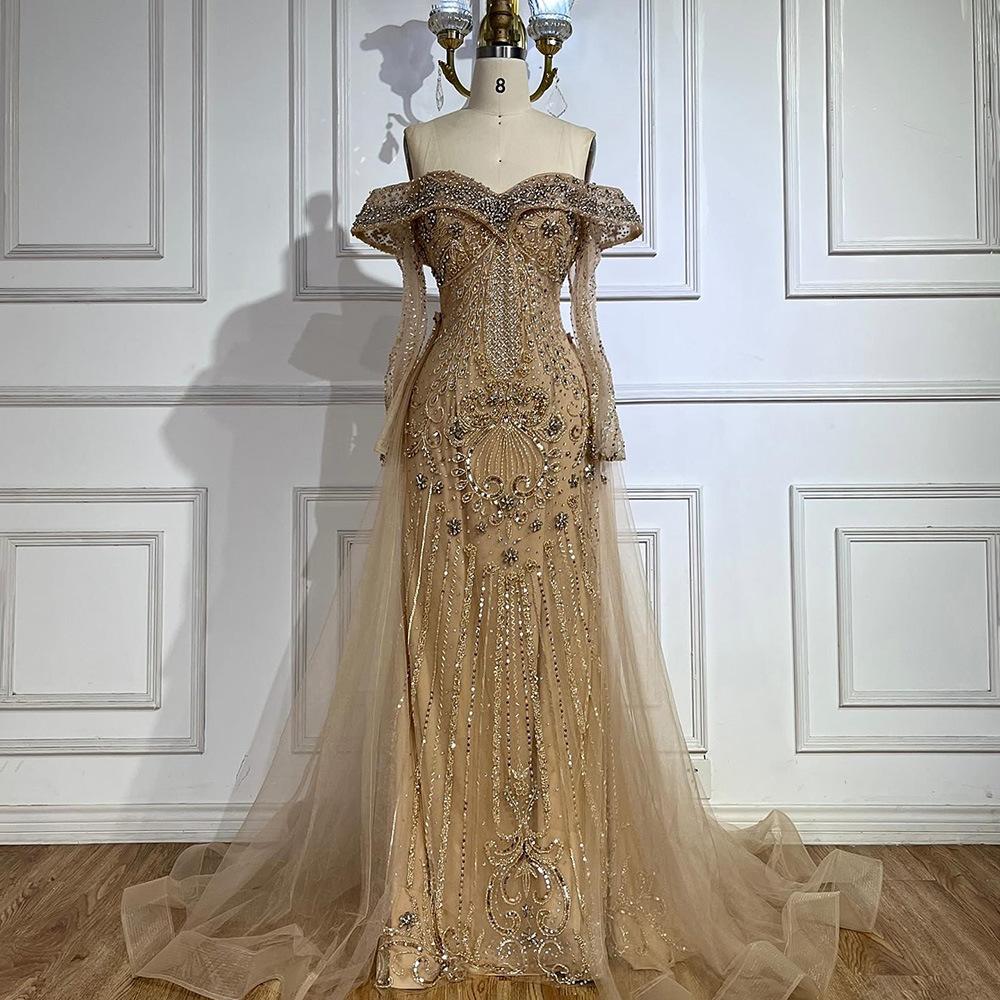 Naked bead one-word shoulder fishtail dress, art exam solo performance, evening host's long dress LA11191