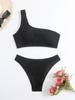 2025 European & American Solid Color One-Shoulder High-Waisted Bikini Swimsuit