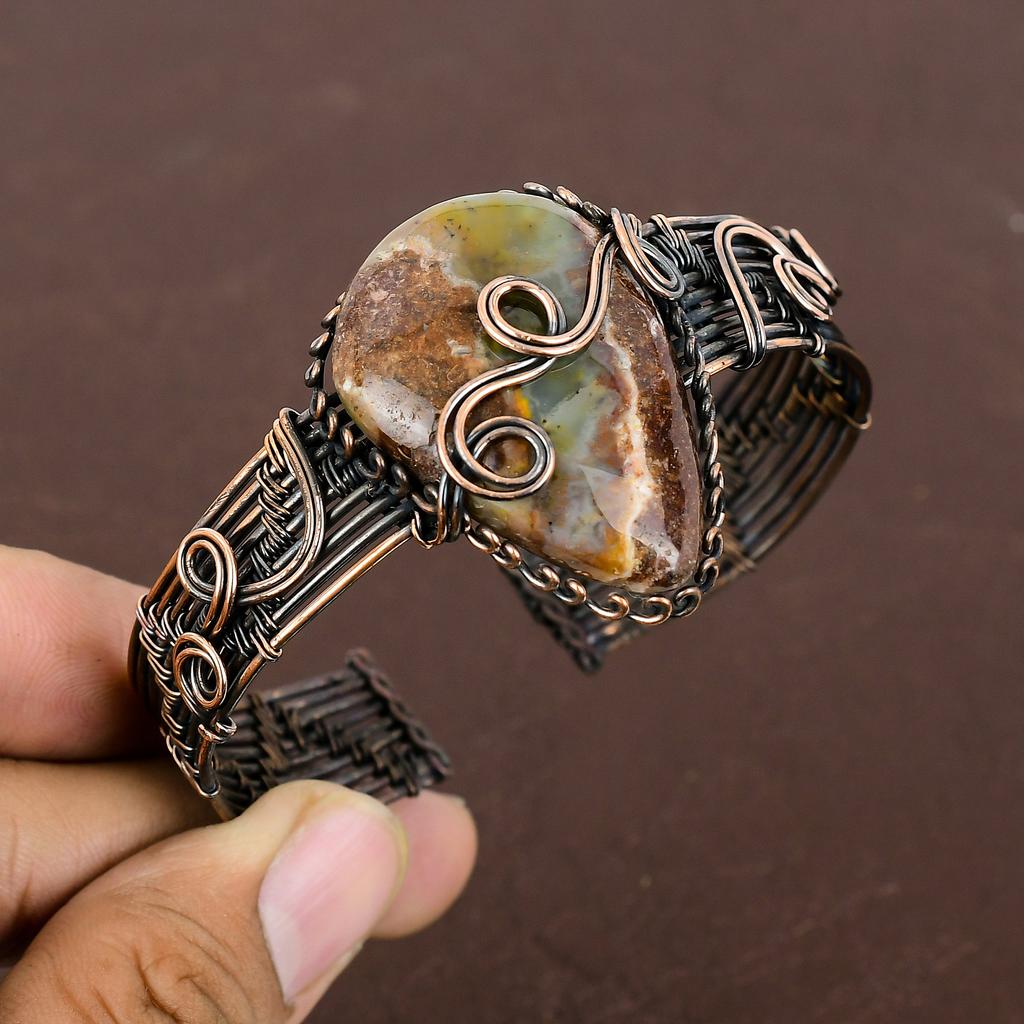 Natural Chrysoprase Gemstone Handmade Copper Wire Wrap Bangle Adjustable L5n72