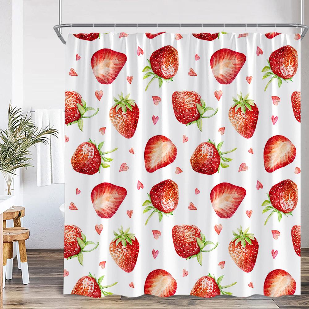 Erdbeer-Mädchen Rosa Duschvorhang Badezimmer Deko Frucht Sommer Kinder Schleifenmuster Schick Modern Frau Polyester Badewannenvorhang