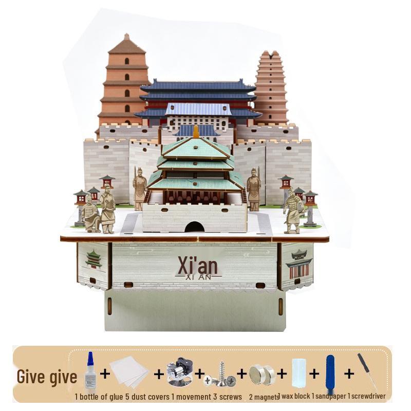 Landmark City Rotating Wooden Music Box DIY Birthday Gift