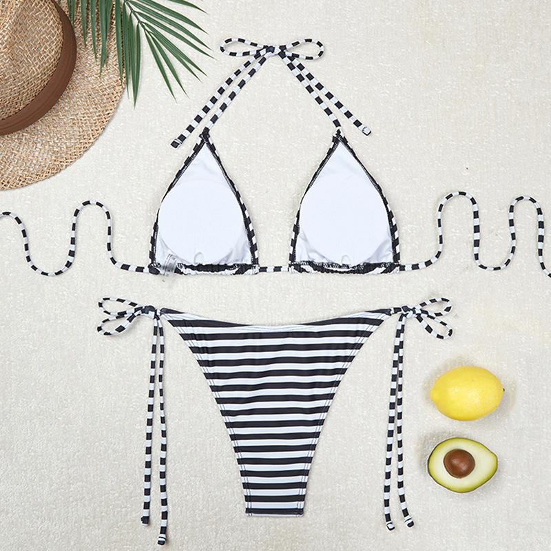Split Swimsuit Three-point Striped Bikini Swimming Chest Pad Without Steel Support Striped Swimsuit Women's with Chest Pad