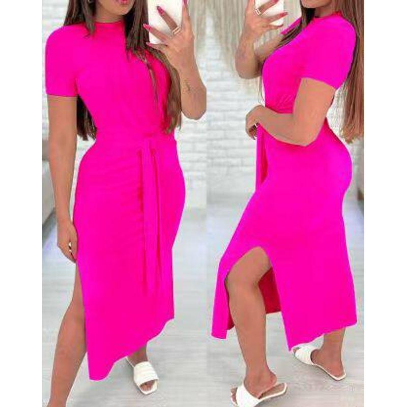 

2023 European and American Amazon Round Neck Short-Sleeved Slit Lace-Up A-Line Skirt with Printed Leopard Print Dress for Women Rose Red M