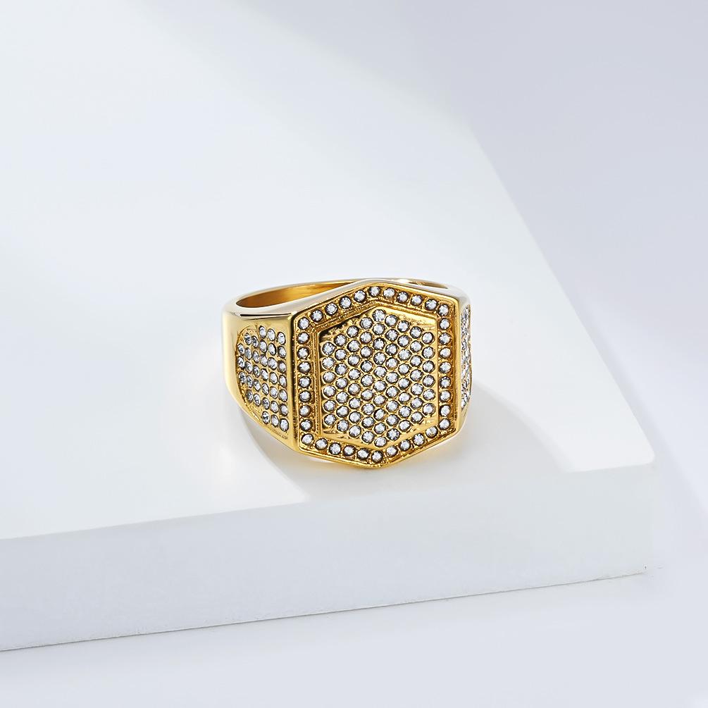 Hiphop Shinny Zircon Hexagon Shaped Ringn for Men Stainless Steel Ring Gold Plated Jewelry