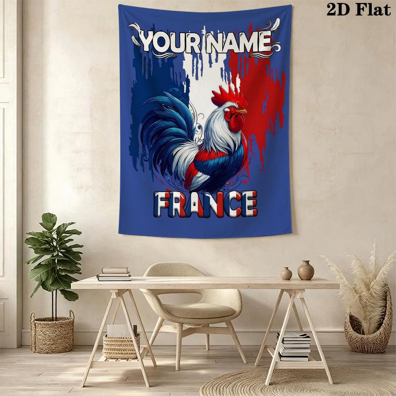 Custom Name French Rooster Wall Tapestry Aesthetic Wall Hanging Printed Fabric Blanket Decorative Tapestries for Bedroom Living Room Home Decor