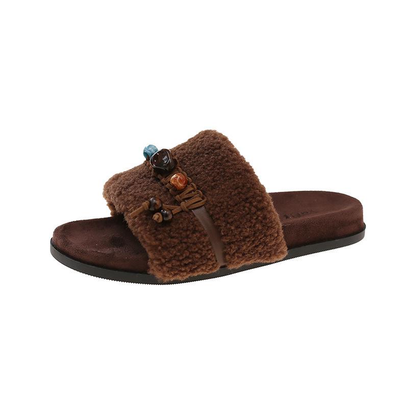 Retro mode handgjorda fransade pärlbroderade tjockbottnade fluffiga tofflor dam 2025 höst nya halkfria Birkenstock-tofflor trend