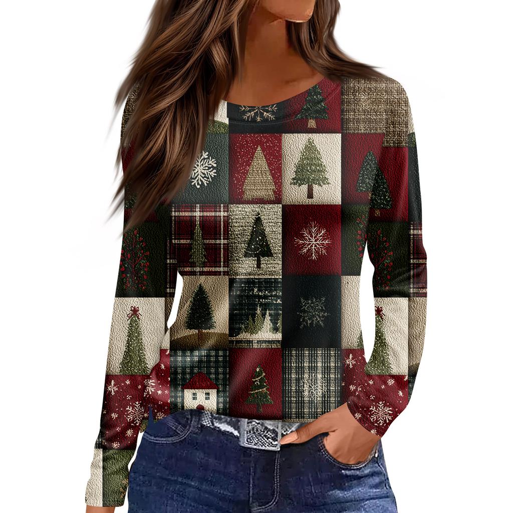Women's Fashion Casual Slit Hem Round Neck Long Sleeve Loose Printed T-Shirt Ladies Top