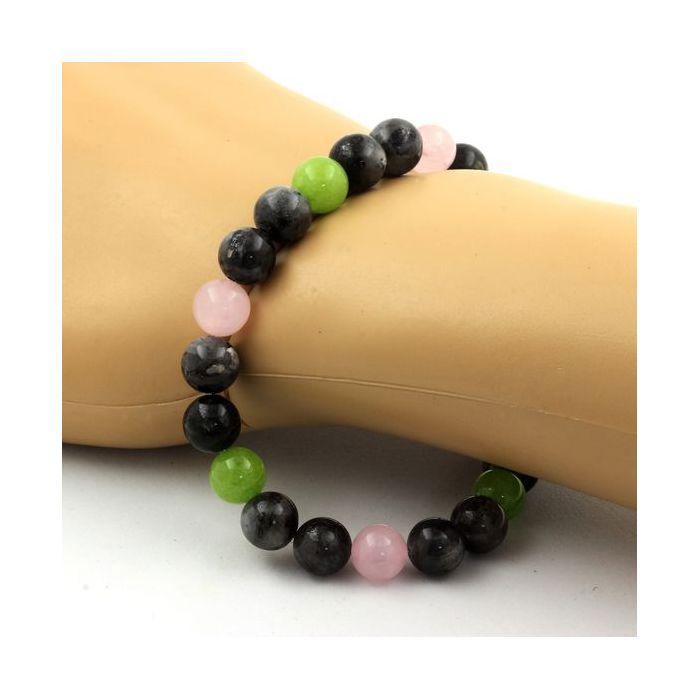 Pierres et Minéraux. Bracelet Perles Péridot + Labradorite + Quartz rose 8 mm. Fabriqué en France.