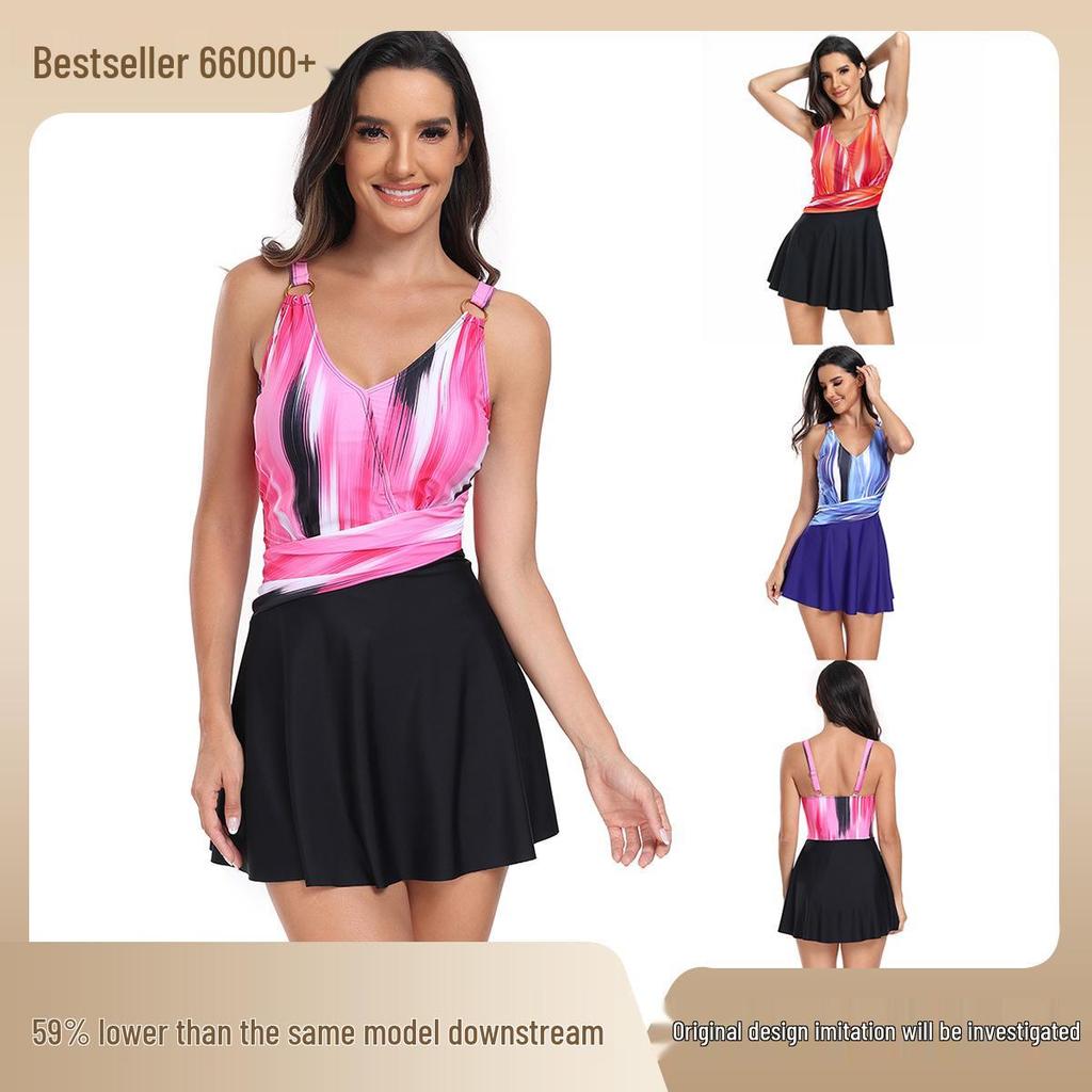 2024 Übergröße Europäischer & Amerikanischer Damen Konservativer Zweiteiliger Badeanzug mit Badehose mit flachem Bein