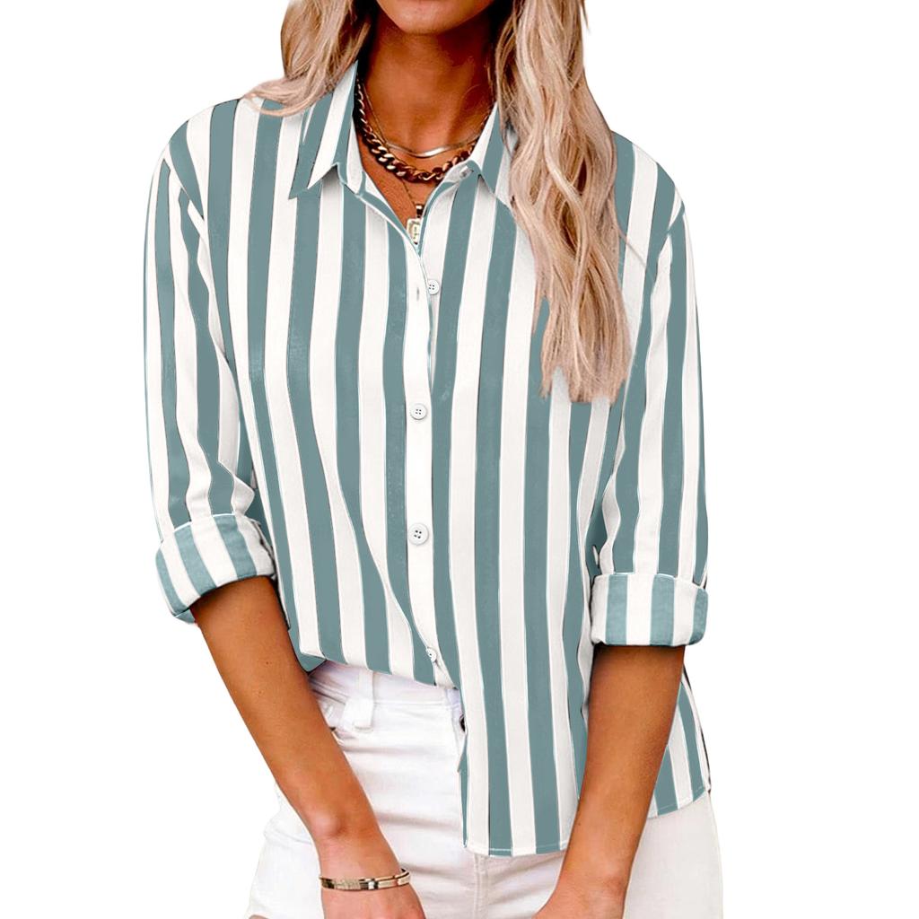 Women's Striped Casual Fashion Shirt Button Long Sleeved Top