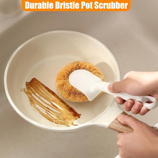 Pot Brush Ergonomic Long Handle Coconut Palm Bristles Cleaning Brush Multifunctional Kitchen Cleaning Tool