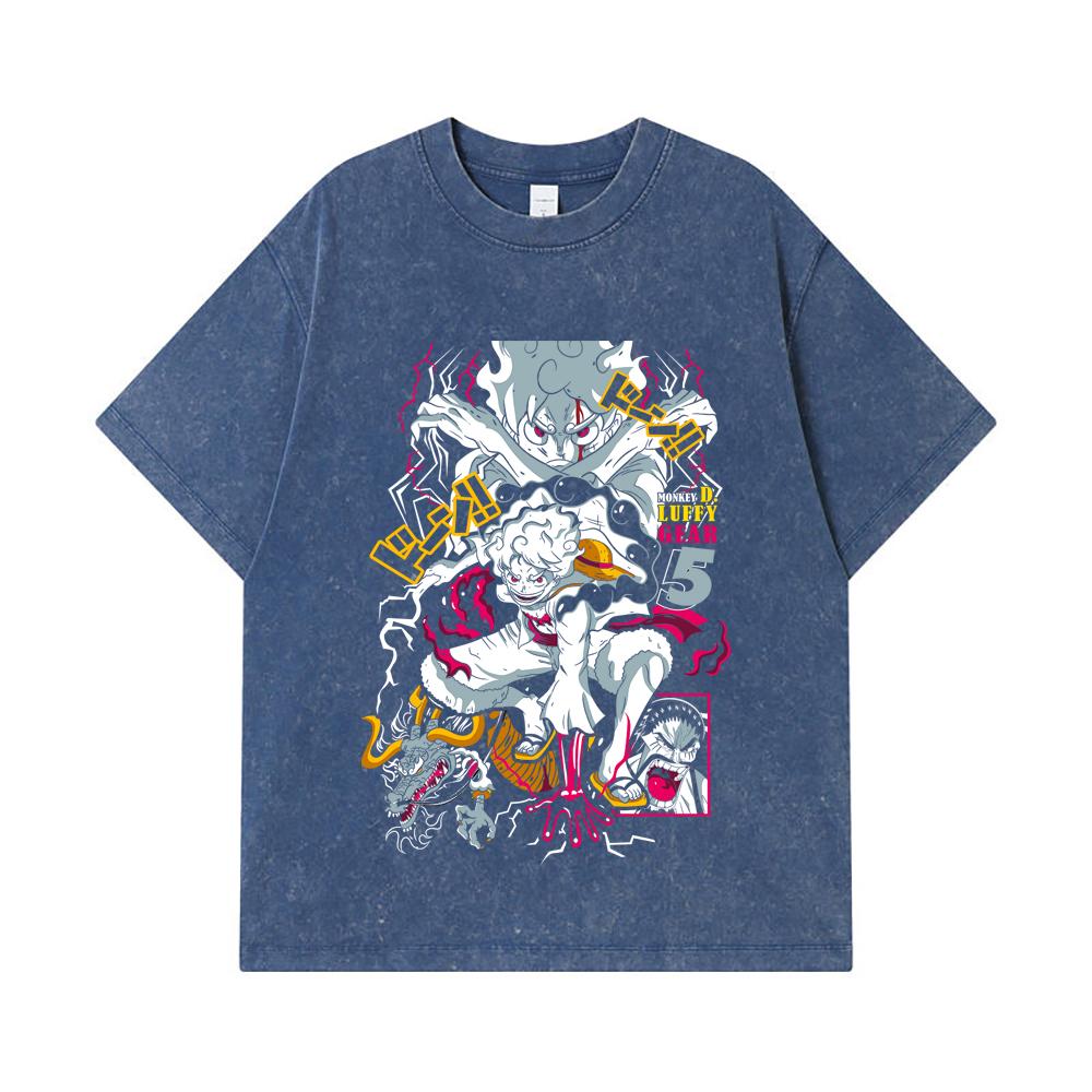 275 GSM Washed T-shirts 100% Cotton One Piece V23 Luffy Gear Print Unisex Heavy Cotton T Shirt