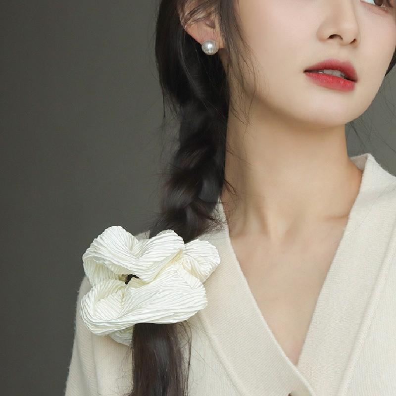 Solid Color Pleated Fabric Hair Ring Women Simple Cream Style High Elastic Scrunchie High-end Hair Accessories