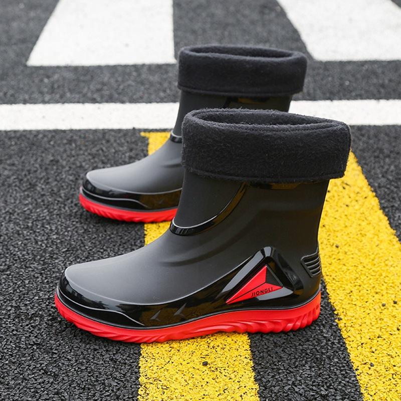 Fashion Drawstring Rain Boots Men's Non Slip Mid Tube Water Shoes Rain Boots Plus Velvet Warm Rubber Shoes Closed Work Short Tube Water