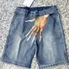 Men Denim Shorts Button Zipper Fly Hand Printed Hip Hop Style Short Pants with Pockets High Street Casual Short Jeans