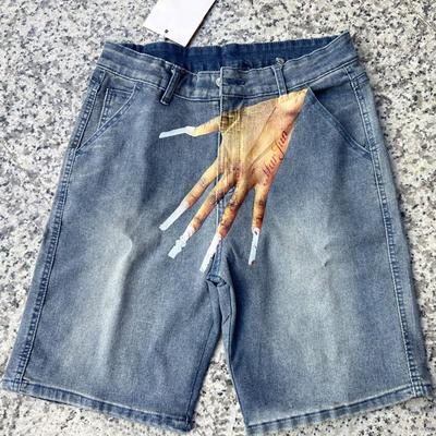 Pantaloncini in denim da uomo con bottoni, cerniera, stampati a mano, stile hip hop, con tasche, jeans corti casual da strada