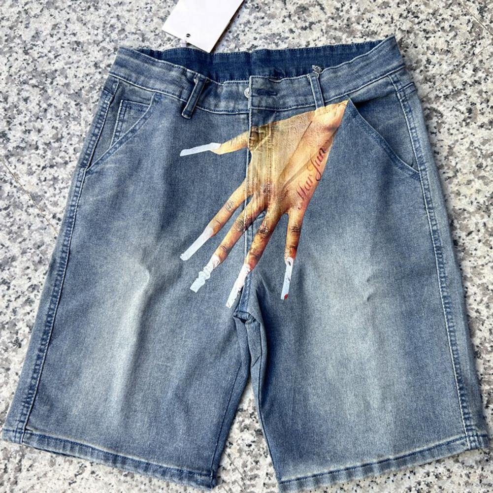 Binchi Keji Travel Men's Denim Shorts Button Zipper Fly Hand Printed Hip Hop Style Short Pants With Pockets High Street Casual Short Jeans Cm