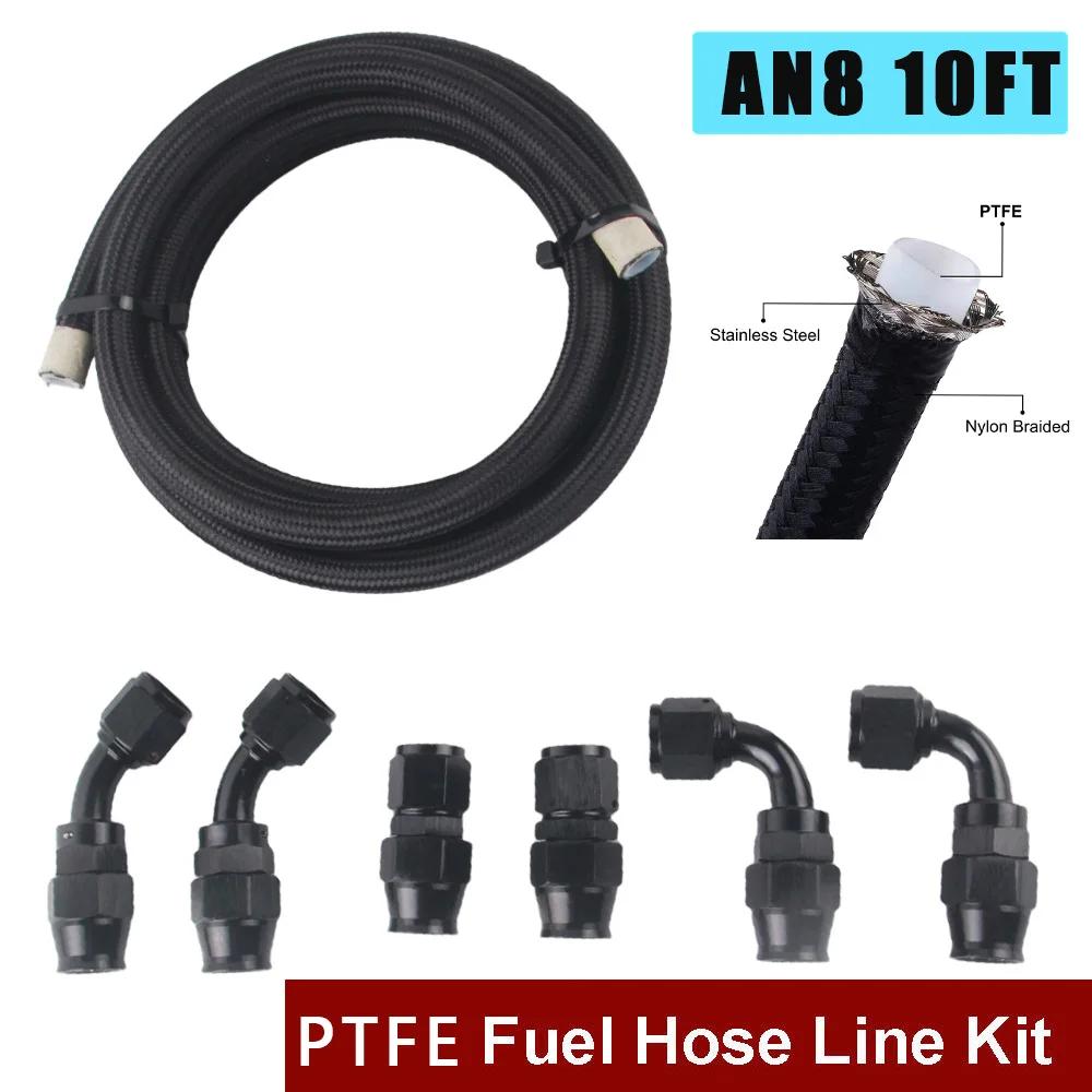 AN4 AN6 AN8 AN10 PTFE Fuel Line Kit, -4AN -6AN 8AN 10ANE85 With Fuel Hose Fitting 10FT Black