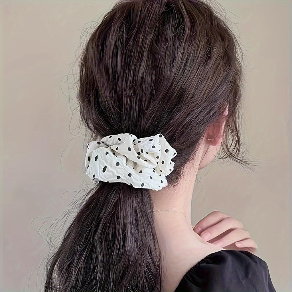 2pcs Black & Cream Polka Dot Scrunchies Hair Ties - Retro Minimalist Elastic Hair Accessories