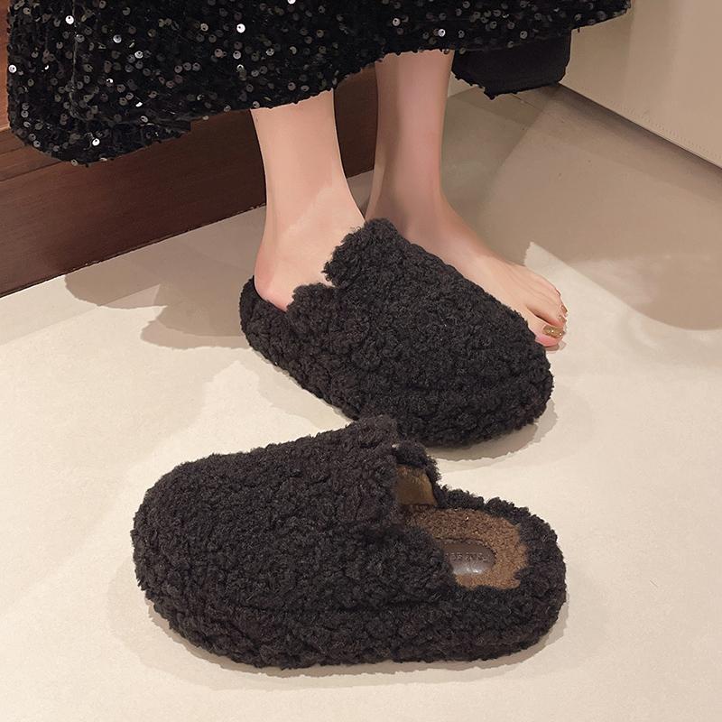 Fashion Winter New Baotou Slippers Women's Fashion Round Head Deep Mouth Suede Thick Soles Anti-slip Wear-resistant Flat Shoes