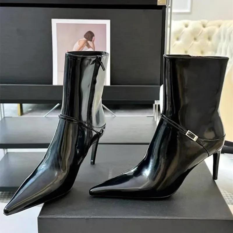 

Черные кожаные сексуальные ботильоны с острым носком, женская модная обувь, дизайн с металлической пряжкой и боковой молнией, каблуки, женские ботинки, элегантная женская обувь 40 чёрный
