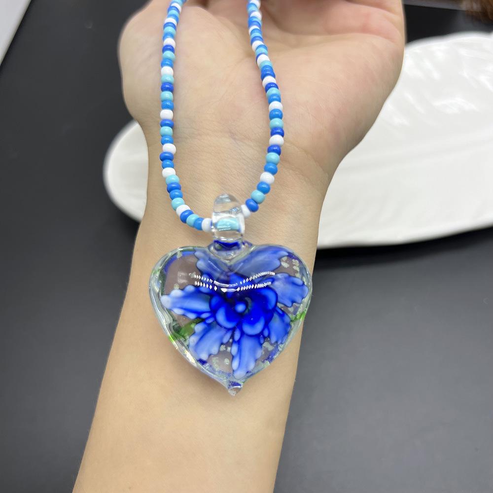 Blue Series Glass Rice Bead Necklace with Flower, Heart, and Starfish Pendants