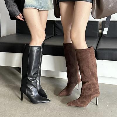 French Pointed Toe Wide Leg Boots for Women Modern Shoes Retro Slip-on Knee-high Thin High Heel Knight Boot Zapatos