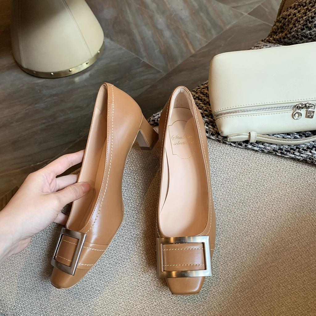 Sheepskin Version~ Height Increase 5.5cm Classic Small Square Head Bright Line Design Horn and Shallow Mouth Commuter Work Single Shoes Women