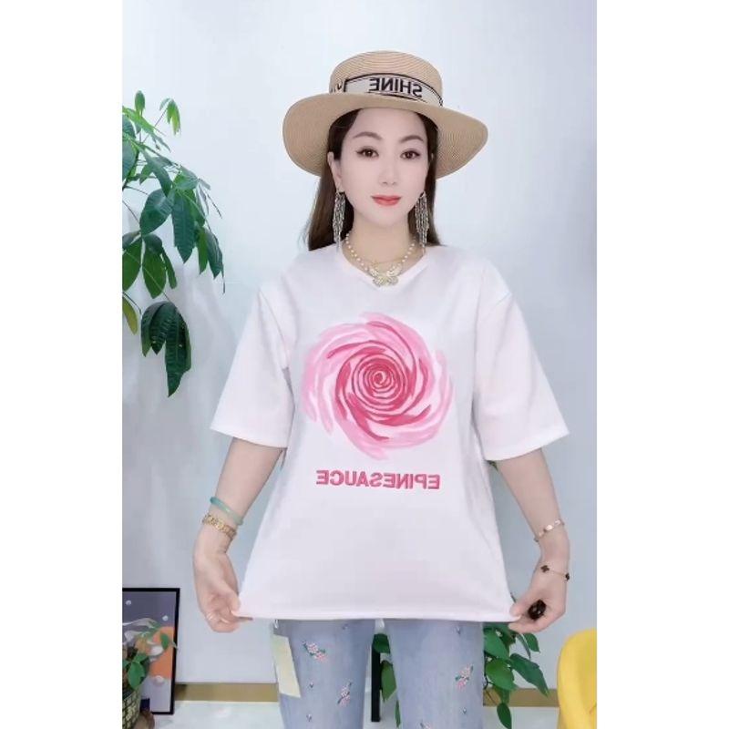 

Visual Impact! Three-Dimensional Mesh Large Flower Cluster ~ Shoulder Short Sleeve Embroidered Waffle Cotton Women s Summer Inclusive New T-shirt White 2XL