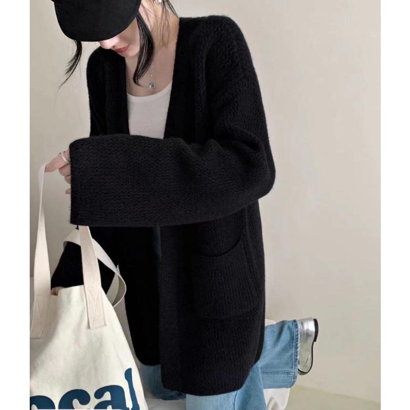 New Autumn and Winter Gentle Niche Medium and Long Solid Color Pocket Knitted Cardigan Soft Waxy Sweater Jacket Women